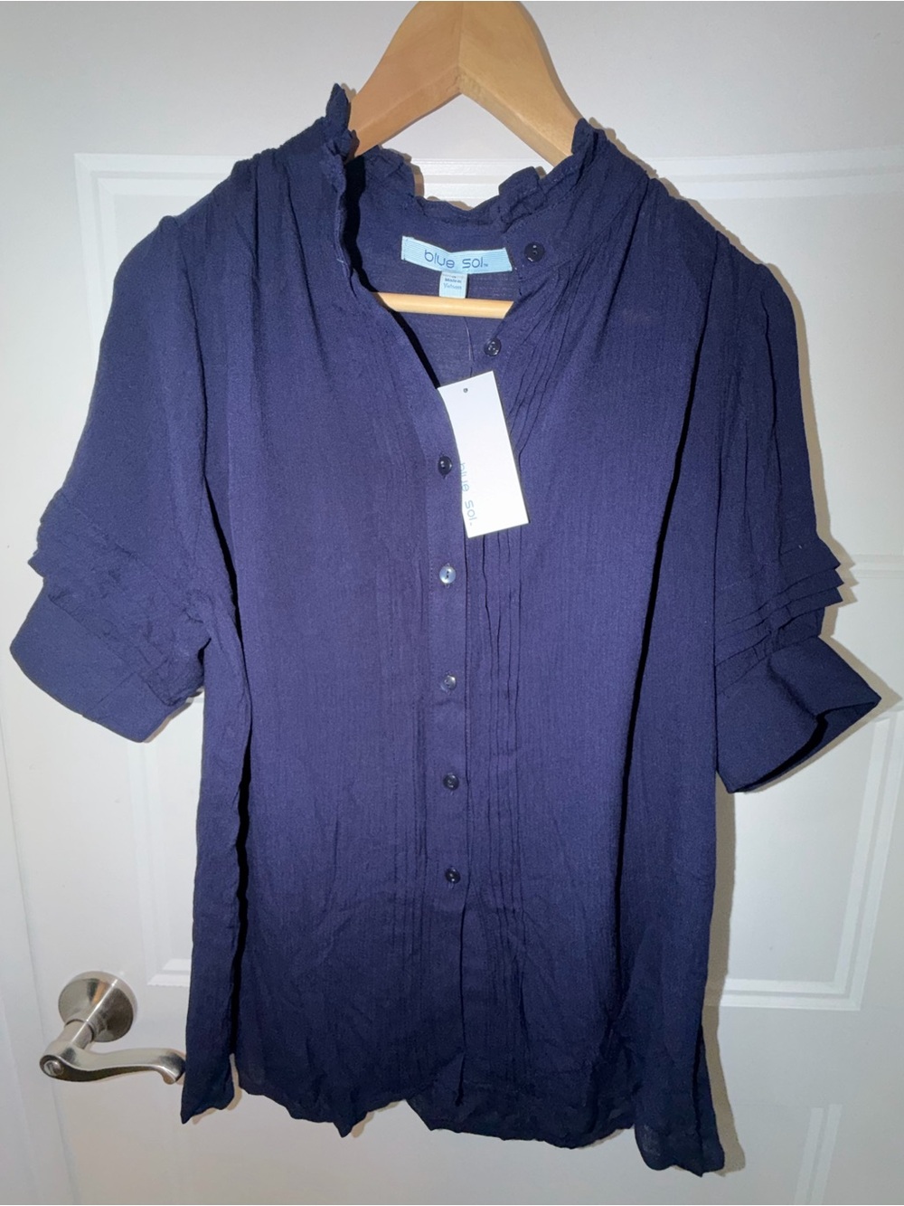 Navy Button-Front Ruffle-Trim Blouse - Picture 2 of 3